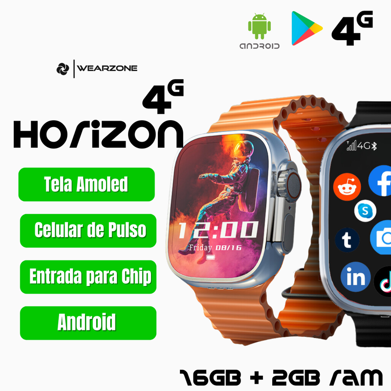 WearZone Horizon | Celular de Pulso 4G | 2Gb de Ram e 16Gb de Armazenamento